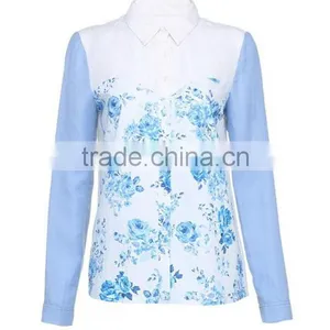 New Design Ladies Fashion Long Sleeves Allover Print Fabric Combination High Quality Direct Manufacture Flower Print Blouses thumbnail-2