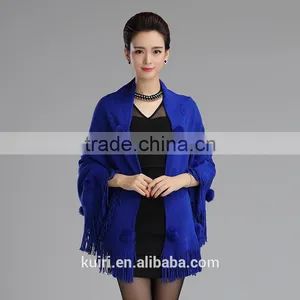 High Quality Beige Female Cashmere Shawl Rabbit Fur Pashmina Triangle Scarf Tassels Wrap thumbnail-5