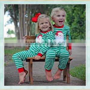 2017 Wholesale Cotton Women Green Stripes Santa Claus Applique Sibling Pajamas thumbnail-1