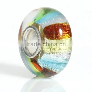 Round Silver Plated Core Stripe Multicolor Transparent Lampwork Glass European Style Large Hole Charm Beads thumbnail-1