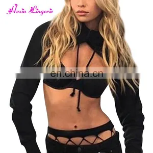 Wholesale Black Comfort Full Sleeve Navel Exposed Ladies Sexy Crop Top thumbnail-2