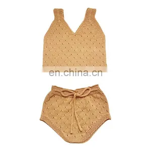 100% Cotton Knitted Kid Girl Knitted 2pcs Set On Crop and Short Sets for Knitted thumbnail-2