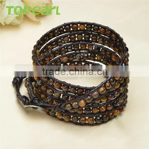 Topearl Jewelry 2016 Tiger Eye Fashion Bracelet Woven Leather Wrap Bracelet 33.5 Inches CLL136 thumbnail-2