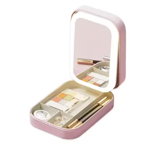 Portable LED Lighted Makeup Mirror With Multi-Functional Rechargeable Cosmetics Storage Case thumbnail-3