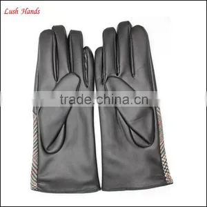 Ladies High-quality Black Leather Gloves With Checked Cloth Handback thumbnail-4