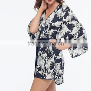 Cheap Custom Sexy Woman Short 100% Pure Printed Silk Charmeuse Night Sleeping Kimono Robe With Side Pockets thumbnail-2