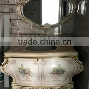 Elegant Floral Painting Bathroom Vanity With Double Sink, Carved Wooden Sanitary Ware Furniture Bathroom Cabinet With Marble Top thumbnail-4
