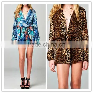 2014 Long Loose Sleeve Print Pattern Casual Wrap Ruffle Romper Jumpsuit for American Street Women thumbnail-1