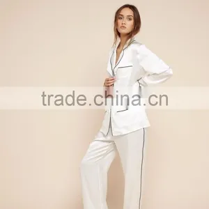 Fashion Suraa Embroidered Pyjama Piping Pocket Long Sleeve Silk Pajamas Set For Women Sleepwear With High Quality thumbnail-6
