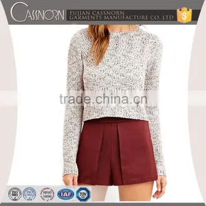 Marled Short Body Rib-knit Cuffs Long Sleeve Pullover Cotton Knit Sweater thumbnail-1