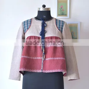 Vintage Kantha Kediyu Style Jacket in Beautiful Vintage Colors ~ Large thumbnail-6