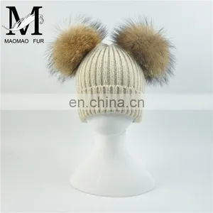 Kids Removable Fur Bobble Hat Winter Double Pom Pom Hat Crochet Kids Hat thumbnail-3