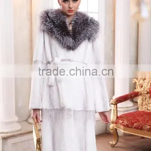 Rex14014 White Women's Rex Rabbit Fur Coat With Fox Collar thumbnail-1
