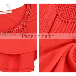 Casual Lady Women Garment Short Sleeves Tassel Neck Tops thumbnail-6