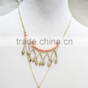 Gold Leaf w/ Pink Turquoise Pendant Necklace Goldtone Triple Necklace Satellite Chain Necklace 2016 Fashion Style Wholesale thumbnail-1