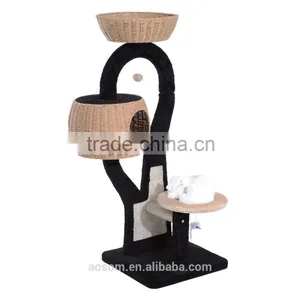 Pawhut 50" Cat Tree Tower With Woven Condo - Black/Beige thumbnail-2