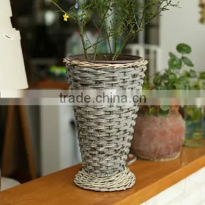 Handmade Plastic Lined Wicker Basket for Flower Plant Decoration Wicker Flower Planter Pot thumbnail-1