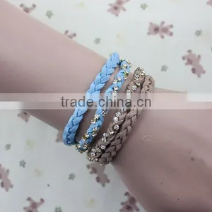 Rhinestone Chain Suede Leather Braided Layered Bracelet Double Strand Velvet Leather Handwoven Bracelet thumbnail-1