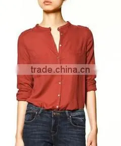 Banded Collar Blouse Shirts Two Pockets Casual Fashion Shirts for Ladies thumbnail-2