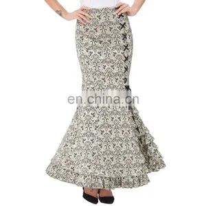 Belle Poque Women Vintage Retro Victorian Style Ruffled Jacquard Fishtail Mermaid Light Green Long Maxi Skirt BP000204-3 thumbnail-1