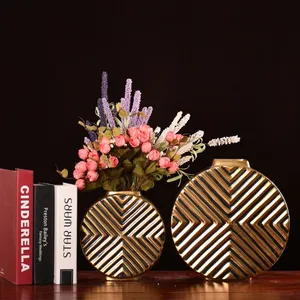 Light Luxury Glaze Large Black Gold Flat Ceramic Flower Vase For Coffee Shop Decor thumbnail-2