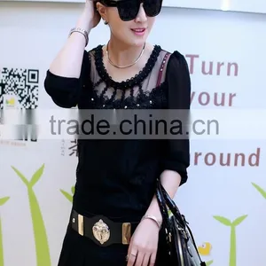 2015 Women's T-shirt With Long Sleeves Gauze Splicing Thin Render Unlined Upper Garment to Bigger Sizes Lace Hollow Out thumbnail-6