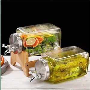 Large - Capacity Glass Beverage Dispensers W/Stainless Spigots. Airtight Lids. Wooden Stand. Ideal for Parties & Daily Drinks! thumbnail-1