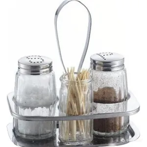 Glass Salt Pepper Toothpick Condiment Set With Stainless Steel Rack thumbnail-3