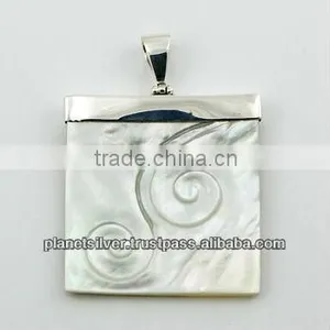 Shell Pendant Hand Carved Twirl Relief 925 Silver Hinged Bail thumbnail-1