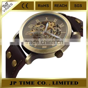 New Retro Skeleton Automatic Mechanical Vintage Leather Copper Wrist Watch thumbnail-1