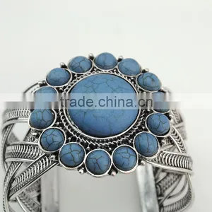 Latest Fancy Cross Design Jewelry Anti Silver Thread Turquoise Cuff Bangles thumbnail-4