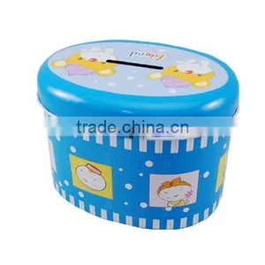 OEM Empty Oval Shape Blue Color Piggy Bank Tin Can thumbnail-3