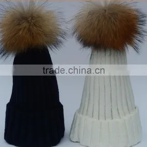 Children Hat Kids Hat Children Winter Raccoon Fur Hats 100% Real 15cm Fur Pompom Beanies Cap Natural Fur Hat For Kids Children thumbnail-4