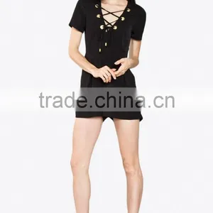Made in China CUSTOM Wholesale Ladies Clothing Latest Design Fashion Women Black Short Sleeve Romper With Lace up Detail thumbnail-4