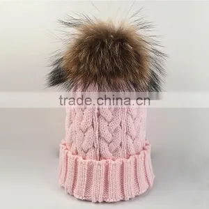 Myfur Fuzzy Big Raccoon Fur Bobble Cable Knit Hat Wholesale Girls Beanie thumbnail-1