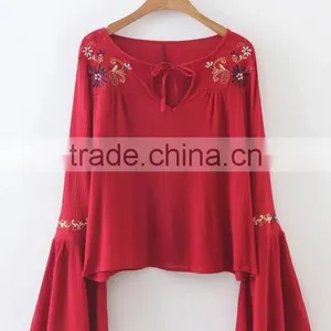 Runwaylover EY2366B Ladies Fashion Flare Sleeve Embroidery Blouse thumbnail-1
