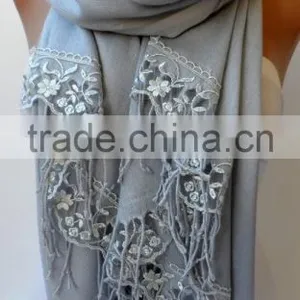 Silver Gray French Lace Light Gray Pashmina Shawls Soft Lightweight Scarf Bridesmaid Pashmina Women Wedding Trend Feminine Gifts thumbnail-2