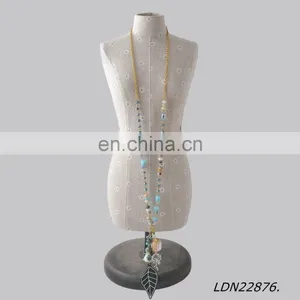 Bohemian Long Amazonite Beaded Leather Necklace With Turquoise and Leather Leaves Pendant thumbnail-1