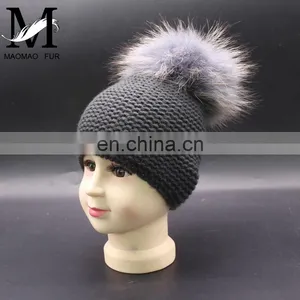 Fashion Kids Winter Knitted Raccoon Fur Pompom 100% Acrylic Knitted Beanie Hat thumbnail-5