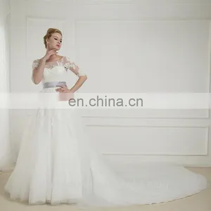 EBL-2828 A Scoope Beading Top Lace Applique 3/4 Sleeve Low V-back Satin Sash Tulle Long Train Graceful Bridal Ball Dress thumbnail-1