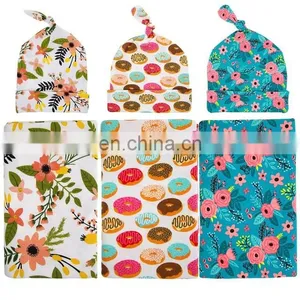 Newborn Infant Baby Cotton Floral Swaddle Blanket Hat With Receiving Blankets Set thumbnail-2
