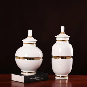 Light Luxury Simple Elegant White Gild Ceramic Flower Vase With Lid For Hotel Office Decor thumbnail-1