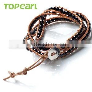 Topearl Jewelry Fashion Black Agate Bracelet Women Woven Leather Wrap Bangle With Copper Alloy Clasp CLL170 thumbnail-2
