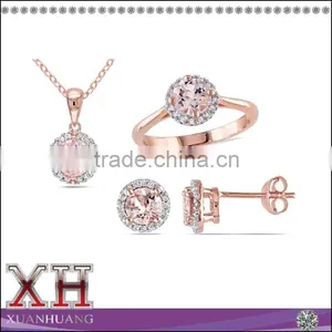 Sterling Silver Morganite and Diamond Halo Earrings Ring and Neckalce Jewelry Set thumbnail-1