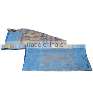 Elephant Design Sky Blue Color Indian Silk Rectangel Table Runner thumbnail-3