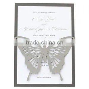 Butterfly Wedding Invitations - Shimmer Silver, Slate Gray, Black and White, Neutral, Pearl Shimmer, Laser Cut Invitations thumbnail-3