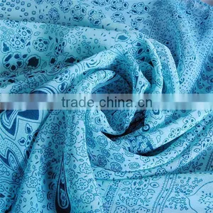Long Soft Women Blue Chiffon Scarves Peony Peafowl Wrap Print Silk Scarf thumbnail-1