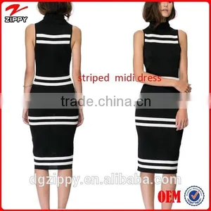 2015 Black and White Stripes Midi Dress Ribbed Neck Line Fashion Woman Dress thumbnail-1