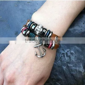 Cheap Simple Ladies Genuine Leather Beads Bracelets With Anchor Metal Drop thumbnail-1