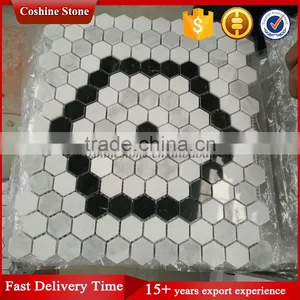 White Carrara and Dark Black Marble Stone Hexagon Shaped Mosaic thumbnail-1